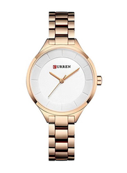 Curren Quartz Analog Watch for Women with Stainless Steel Band, Water Resistant, 9015, Gold-White