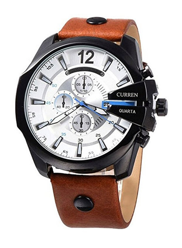 Curren Analog Watch for Men with Leather Band, Chronograph, WT-CU-8176-W#D1, White-Brown