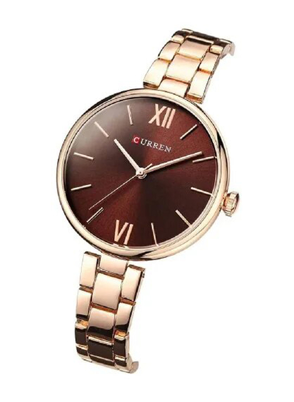 Curren Quartz Analog Watch for Women with Stainless Steel Band, Water Resistant, 9017, Gold-Red