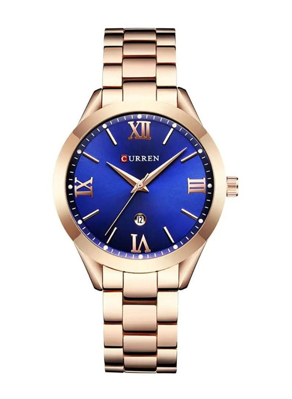 Curren Analog Watch for Women with Stainless Steel Band, Water Resistant, Gold-Blue