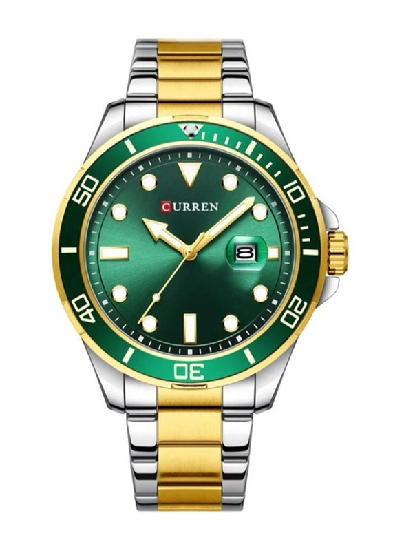 Curren Analog Watch for Men with Stainless Steel Band, Water Resistant, 8388, Silver/Gold-Green