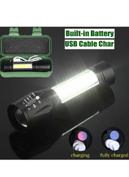 USB Mini Rechargeable Handheld Pocket Compact Portable LED Torch Light with Side Lantern, Black