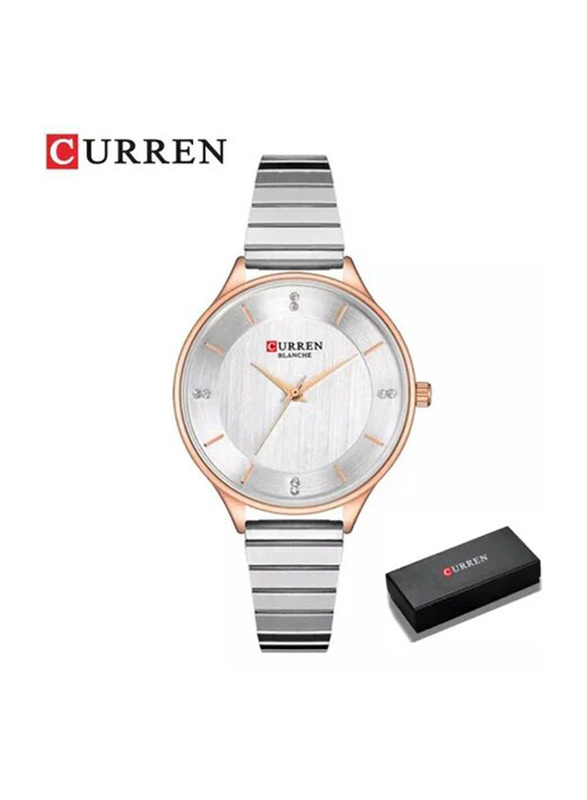 Curren Luxury Quartz Analog Watch for Women with Metal Band, Water Resistant, 9041, Silver-Gold