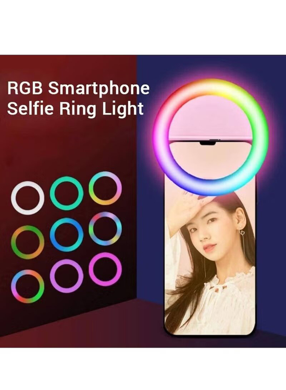 Universal Mini Clip-on Smartphone Selfie Ring Beauty Lamp with RGB LED Light and Built-in Rechargeable Battery, Pink/White