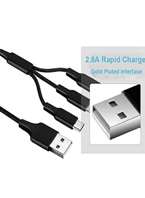 3-in-1 Nylon Braided USB Charging Cable, Fast Charging USB Type A to Multiple Types for Smartphones/Tablets, Black