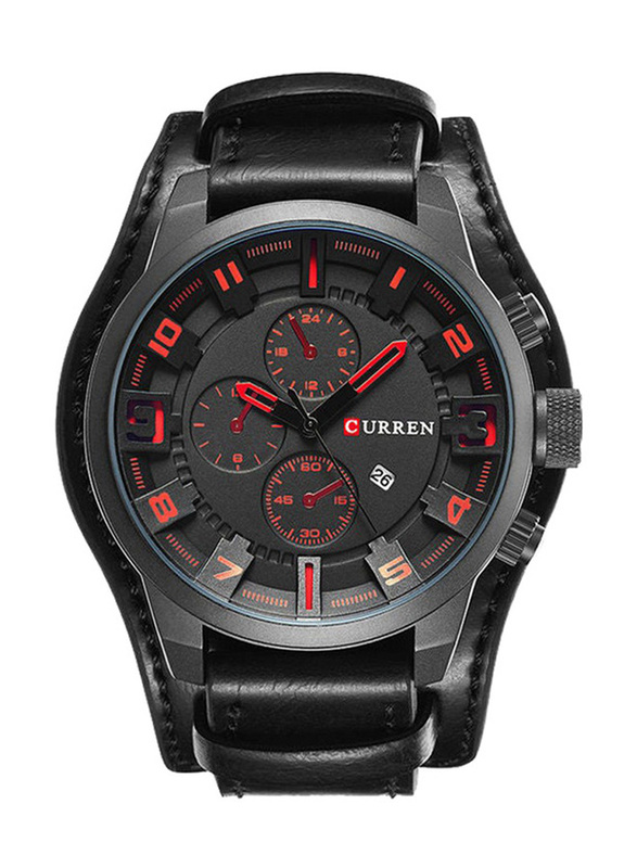 Curren Analog Watch for Men with Leather Band, Water Resistant and Chronograph, J3745BR-KM, Black