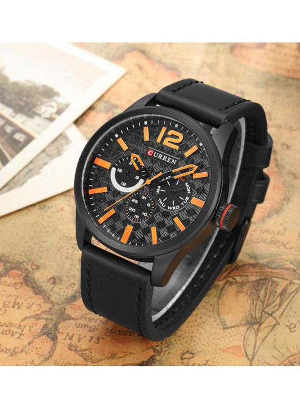 Curren Analog Watch for Men with Leather Band, Water Resistant & Chronograph, 8247, Black-Grey