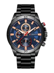 Curren Analog Watch for Men with Stainless Steel Band, Water Resistant and Chronograph, 8275HM, Blue-Black