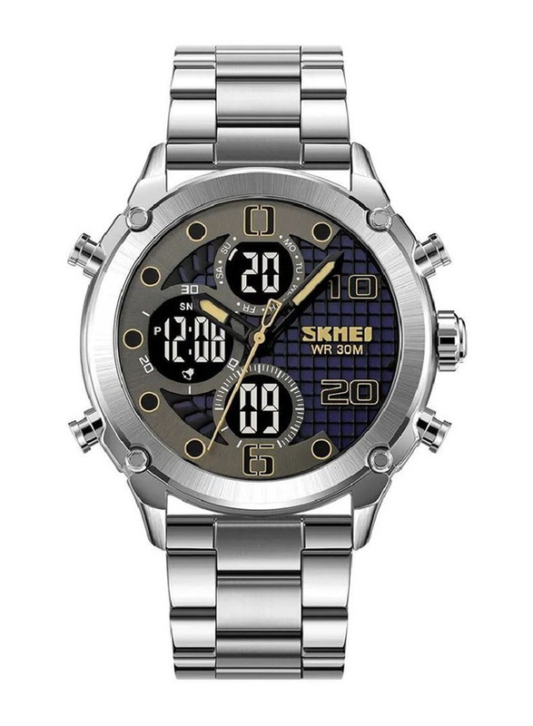SKMEI Analog + Digital Watch for Men with Stainless Steel Band, Water Resistant, Silver-Grey