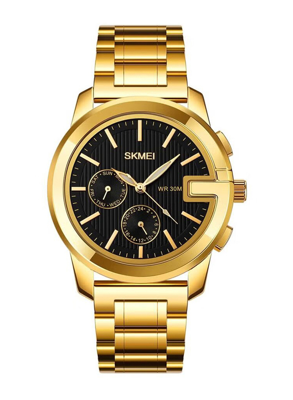 SKMEI Analog Watch for Men with Stainless Steel Band, Water Resistant and Chronograph, Gold-Black