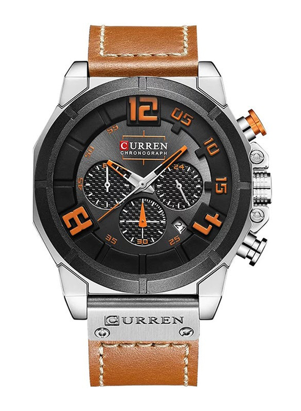 Curren Analog Watch for Men with Leather Band, Water Resistant and Chronograph, J2771BC, Brown-Black