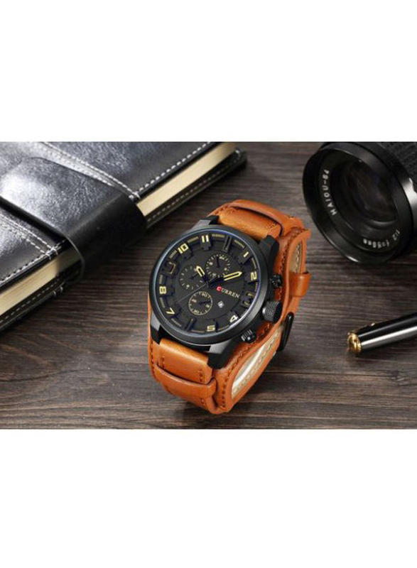 Curren Analog Watch for Men with Leather Band, Water Resistant and Chronograph, 8225, Brown-Black