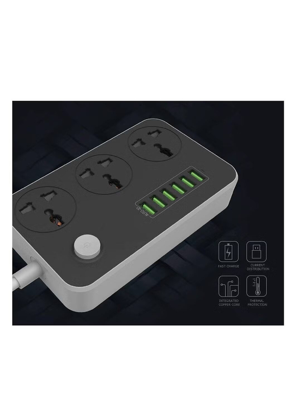 XiuWoo Power Strips Extension Lead with 6 USB Ports & 3 Way Universal Power Socket Outlets, Black