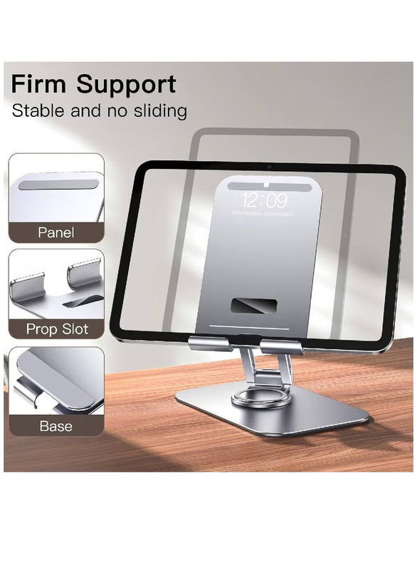 Hyx Adjustable Swivel Desktop Holder With 360 Degree Rotating Base Tablet Stand, Silver