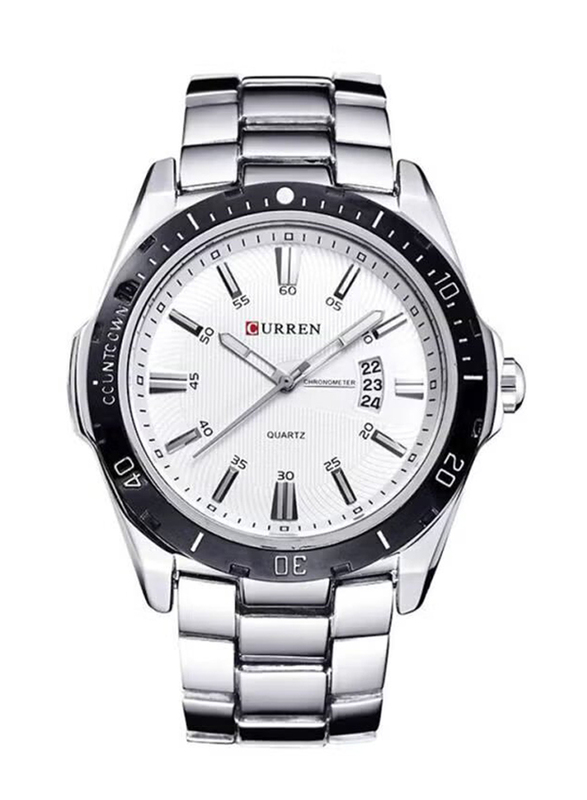 Curren Analog Watch for Men with Stainless Steel Band, Water Resistant, 8110, Silver-White