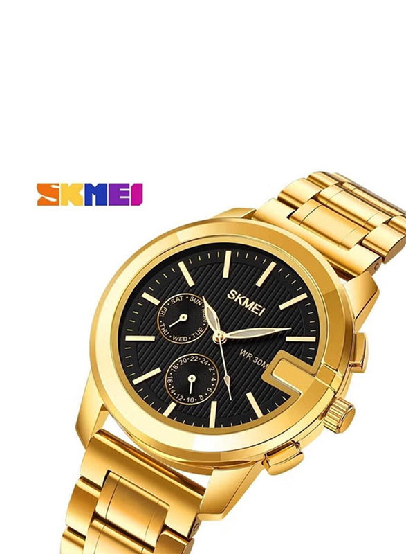 SKMEI Analog Watch for Men with Stainless Steel Band, Water Resistant and Chronograph, Gold-Black