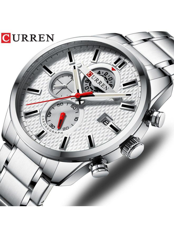 Curren Analog Watch for Men with Stainless Steel Band, Water Resistant and Chronograph, J4194S-W, Silver-White
