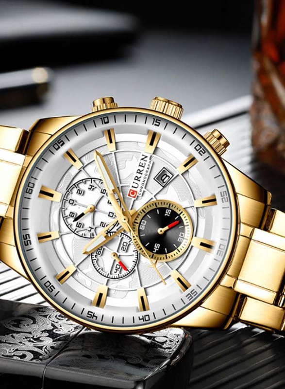 Curren Analog Wrist Watch for Men with Alloy Band and Chronograph, J4518G-S-KM, Gold-White