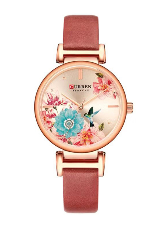 Curren Analog Watch for Girls with Leather Band, C9053L-1, Red-Beige