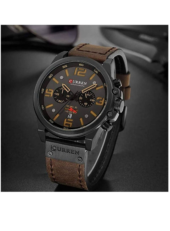 Curren Analog Watch for Men with Leather Band, Water Resistant and Chronography, 8314, Coffee-Coffee