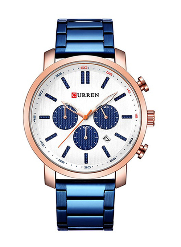 Curren Analog Watch for Men with Stainless Steel Band, Water Resistant and Chronograph, 8315, Blue-White
