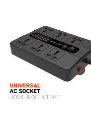 Universal Power Socket, 6 AC Output 5 USB Port & USB-C PD 18W Multiport Socket, Black