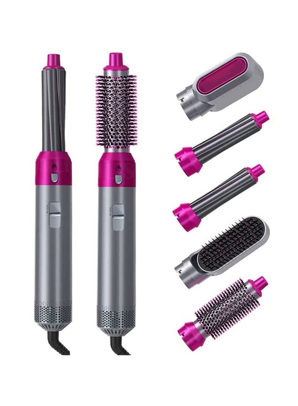 5-in-1 Hair Dryer Hot Air Brush Styler Negative Iron Hair Straightener Volumizer Hair Curler, Grey/Pink