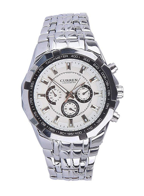 Curren Analog Watch for Men with Stainless Steel Band, Water Resistant and Chronograph, WT-CU-8084-BR#D14, Silver-White