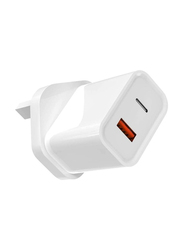 3-Pin Quick Charging Power Adapter with USB Type-C Dual Output, 20W, White