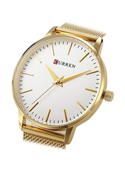 Curren Analog Watch for Women with Stainless Steel Band, Water Resistant, WT-CU-9021-GO, Gold-White