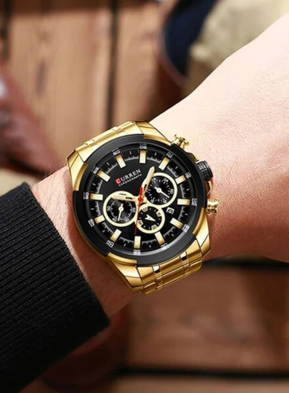 Curren Analog Watch for Men with Alloy Band, Chronograph, 8361, Gold-Black