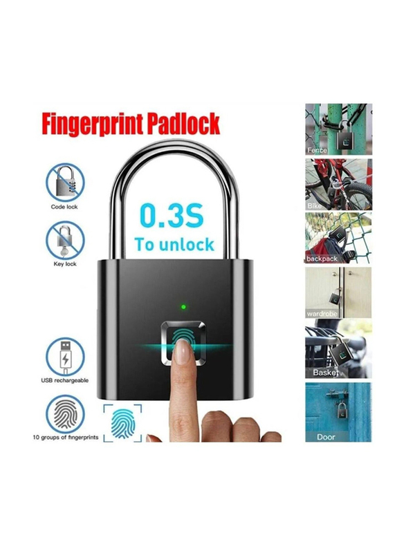 Smart Digital Alarm Smart Biometric Fingerprint Padlock, Black