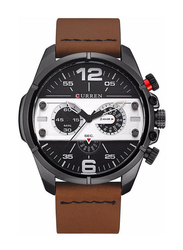 Curren Analog Watch for Men with Leather Band, Chronograph, J3748SC-KM, Brown-Black/White