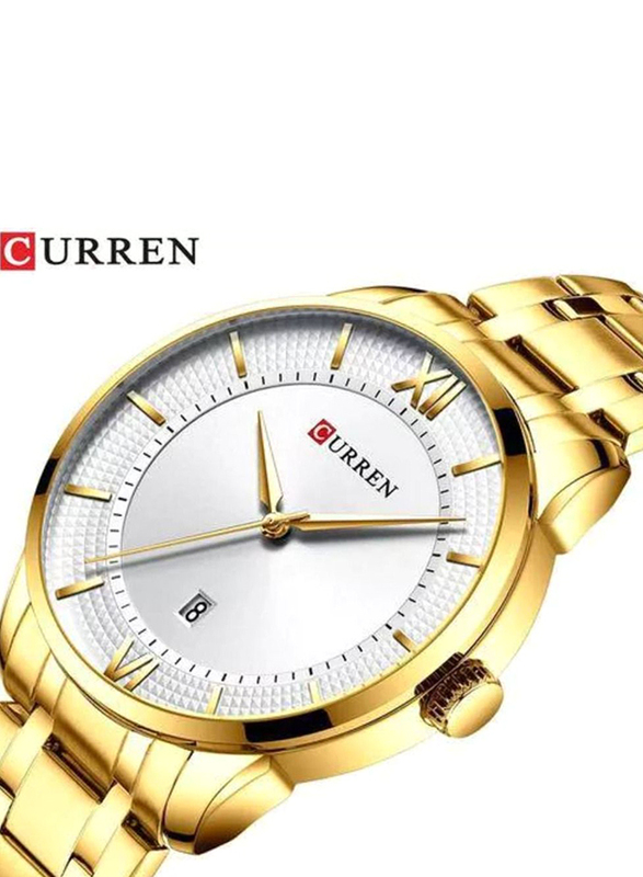 Curren Analog Watch for Men with Stainless Steel Band, Water Resistant, 8356, White-Gold