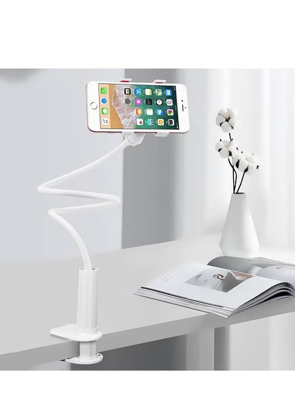 Universal Clamp Lazy Mount Clip Hands Free Flexible Long Arm Bracket Grip Cell Phone Holder, White