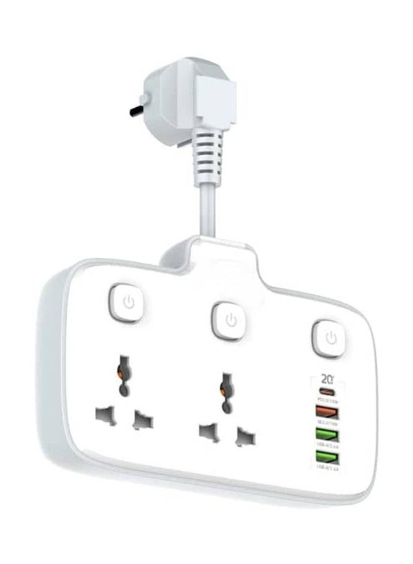 Multi Plug Adaptor Extension Multi Sockets Wall Charger with 1 PD & 1 QC 3.0 Ports, 2500W, White