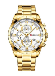 Curren Analog Watch for Men with Stainless Steel Band, Water Resistant and Chronograph, 8360, Gold-White