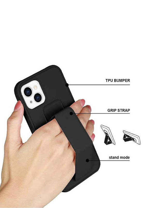 Apple iPhone 14 Plus Foldable Silicone Magnetic Finger Strap and Hand Grip Back Mobile Phone Case Cover, Black