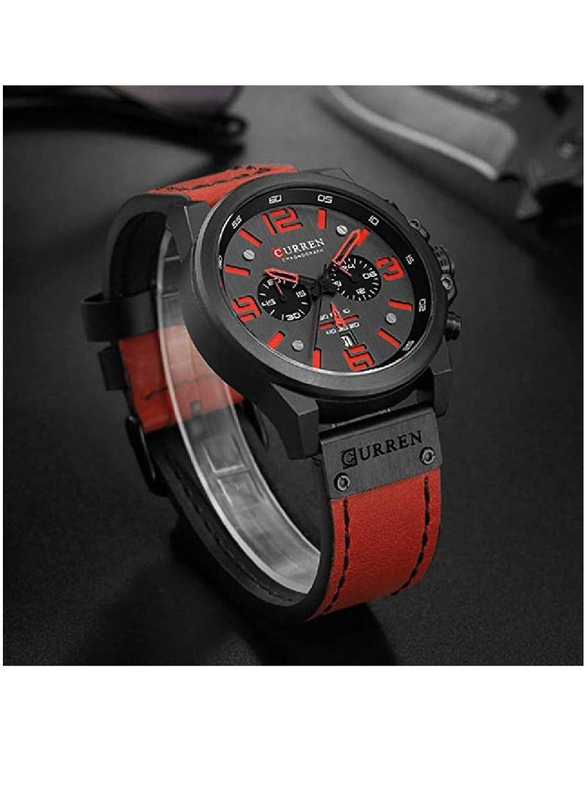 Curren Analog Watch for Men with Leather Band, Water Resistant and Chronography, 8314, Red-Back/Red