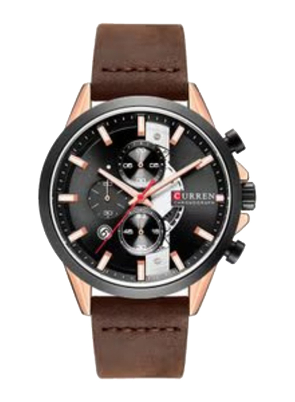Curren Analog Watch for Men with Leather Genuine Band, Water Resistant and Chronograph, 8325, Black-Brown
