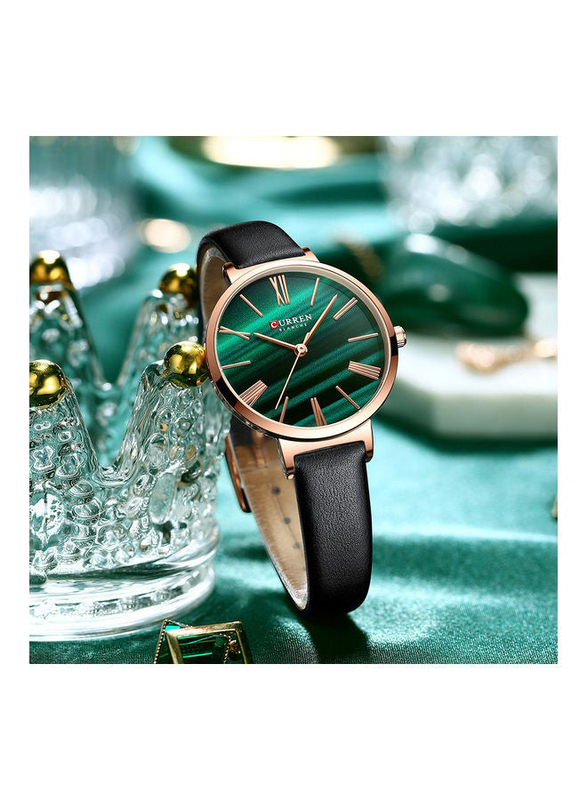 Curren Analog Watch for Women with Leather Band, Water Resistant, J-4818B-GR, Black-Green