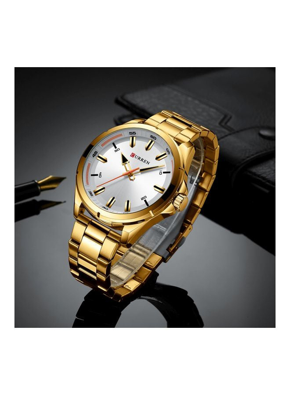 Curren Analog Watch for Men with Stainless Steel Band, Water Resistant, 8320, Gold-White