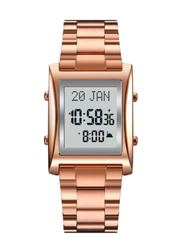 SKMEI Islamic Prayer Digital Wrist Watch for Men with Stainless Steel Band, Rose Gold-Grey