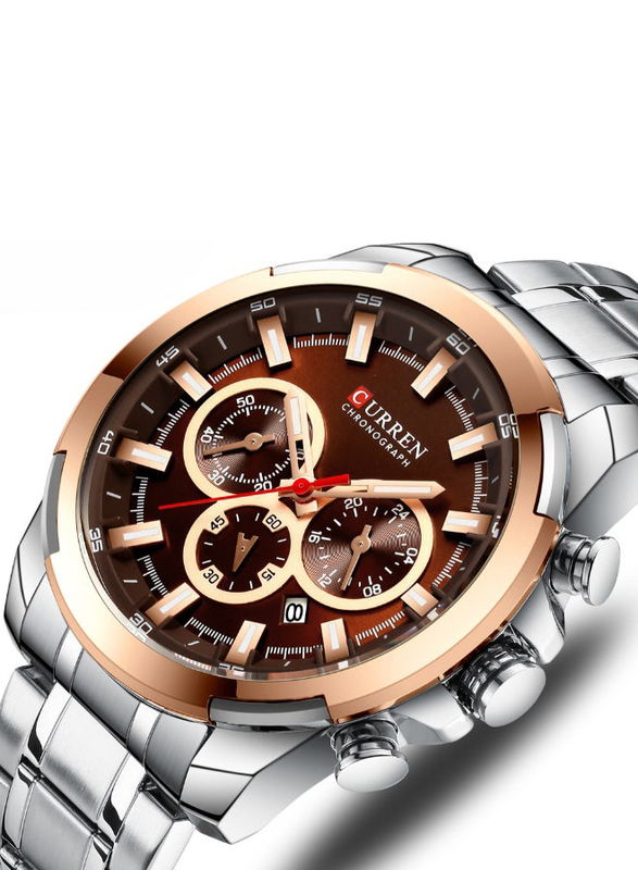Curren Analog Wrist Watch for Men with Stainless Steel Band, Water Resistant and Chronograph, J4195S-K, Silver-Brown