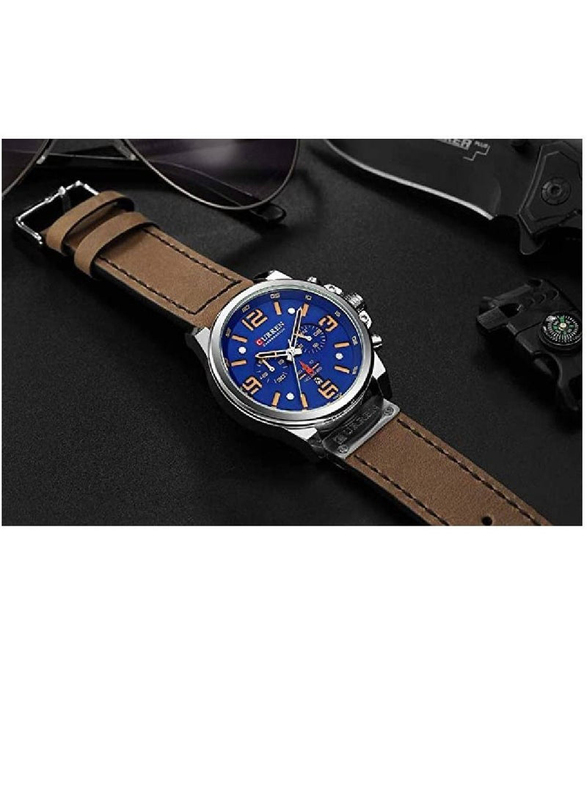 Curren Analog Watch for Men with Leather Band, Water Resistant and Chronography, N594994421A, Brown-Blue