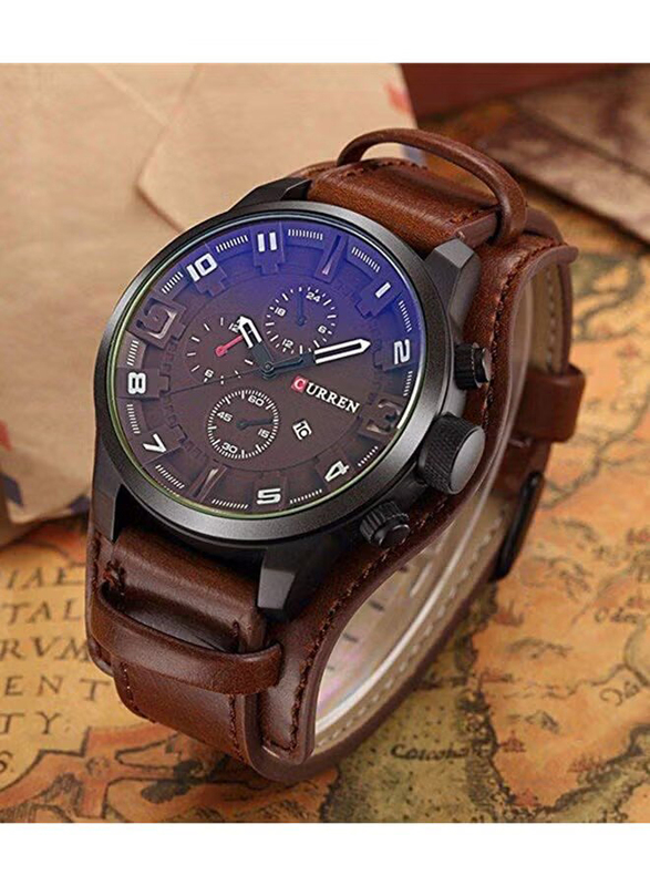 Curren Analog Watch for Men with Leather Band, Water Resistant, 8225, Brown-Blue