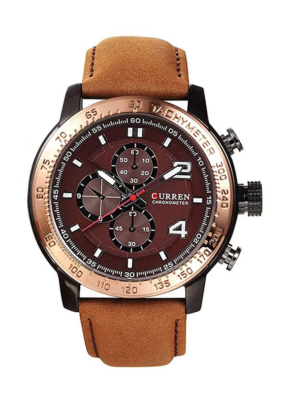 Curren Analog Watch for Men with Leather Band, Water Resistant, 8190, Brown-Red