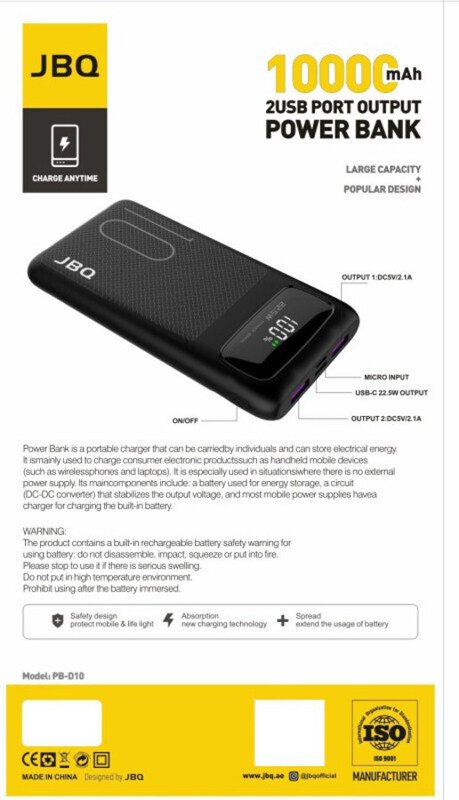 JBQ 10000mAh Fast Charging Power Bank with PD22.5W Dual Port USB and Type-C Input, Black