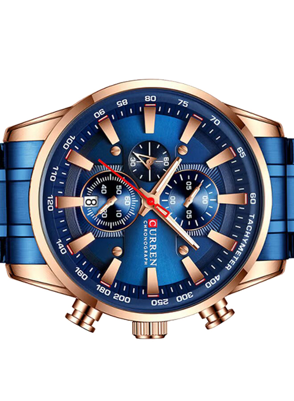 Curren Quartz Analog Watch for Men with Stainless Steel Band, Water Resistant and Chronograph, 8351, Blue-Rose Gold