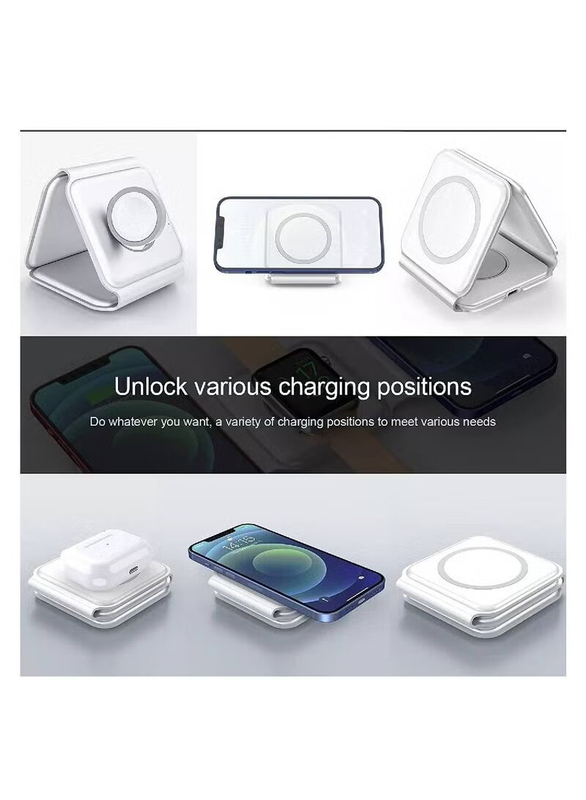 Foldable Ultra-Thin Mobile Phone Watch Stand Charger, 15W Fast QI Magnetic, 3-in-1 Wireless Pad, White